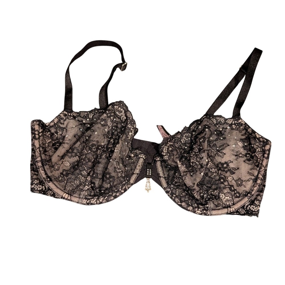 Victorias Secret Black Lace Rhinestone Unlined Demi Bra 36D Crystal Charm
